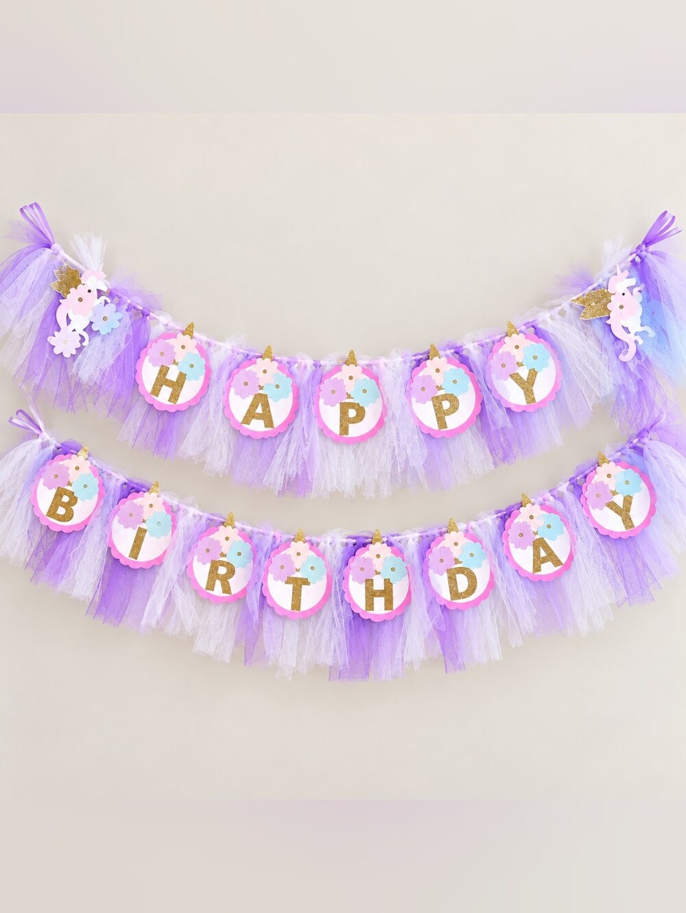Hand Crafted Tulle Unicorn Birthday Banner Purple White Pink Party Decor